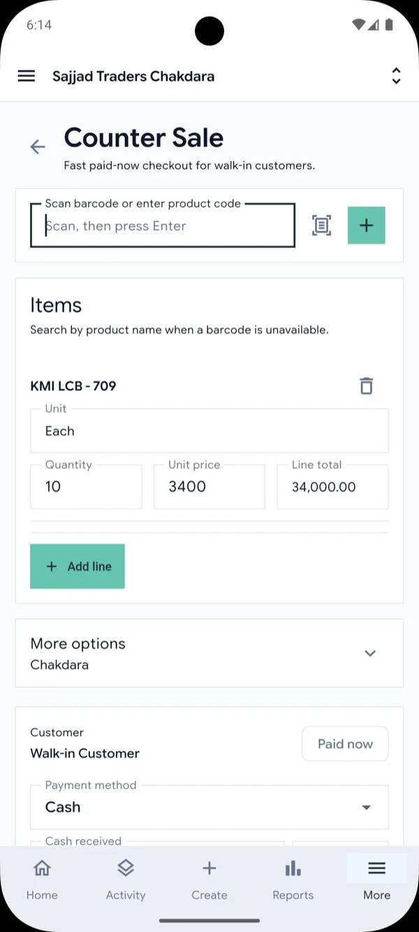 ERPMAX mobile counter sale with barcode scanning, item lines, and cash payment