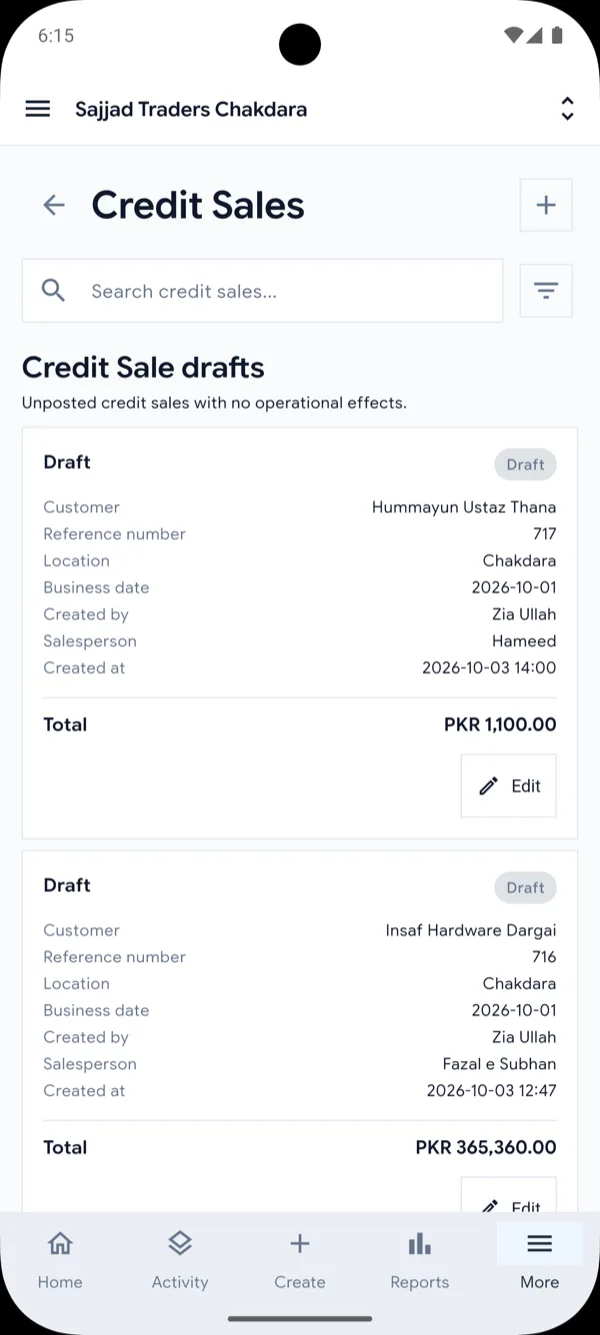 ERPMAX mobile list of credit sale drafts with customer, location, and total