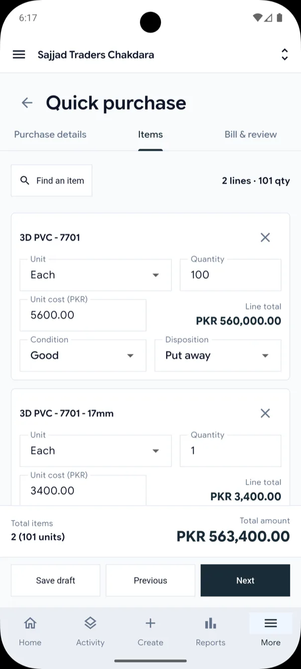 ERPMAX mobile quick purchase with item lines, unit costs, and total amount