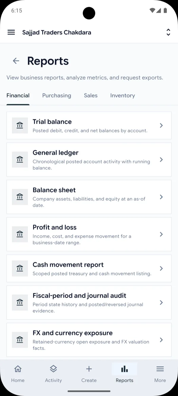 ERPMAX mobile financial reports list